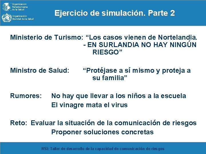 Organización Panamericana de la Salud Ejercicio de simulación. Parte 2 Organización Mundial de la