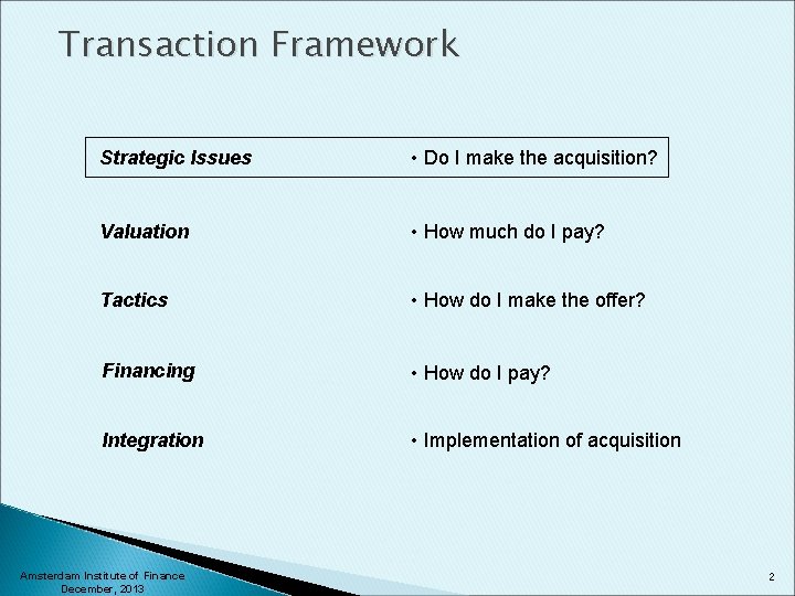 Transaction Framework Strategic Issues • Do I make the acquisition? Valuation • How much