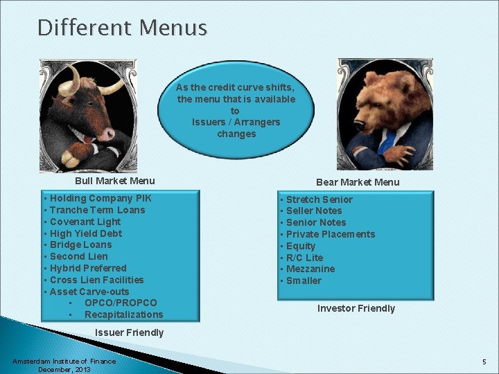 Different Menus As the credit curve shifts, the menu that is available to Issuers