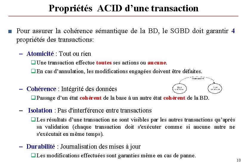 Propriétés ACID d’une transaction ■ Pour assurer la cohérence sémantique de la BD, le Propriétés ACID d’une transaction ■ Pour assurer la cohérence sémantique de la BD, le