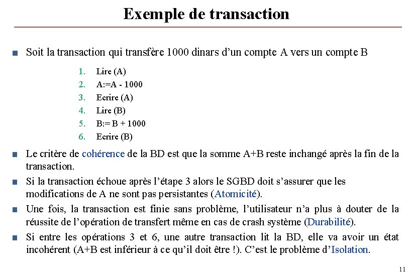 Exemple de transaction ■ Soit la transaction qui transfère 1000 dinars d’un compte A Exemple de transaction ■ Soit la transaction qui transfère 1000 dinars d’un compte A