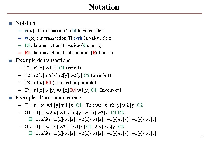 Notation ■ Notation – – ri[x] : la transaction Ti lit la valeur de