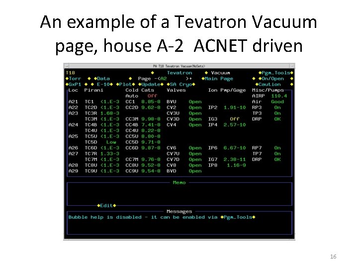 An example of a Tevatron Vacuum page, house A-2 ACNET driven 16 An example of a Tevatron Vacuum page, house A-2 ACNET driven 16