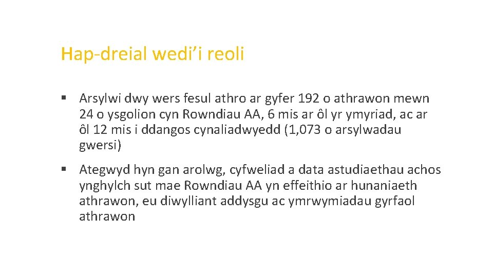 Hap-dreial wedi’i reoli § Arsylwi dwy wers fesul athro ar gyfer 192 o athrawon