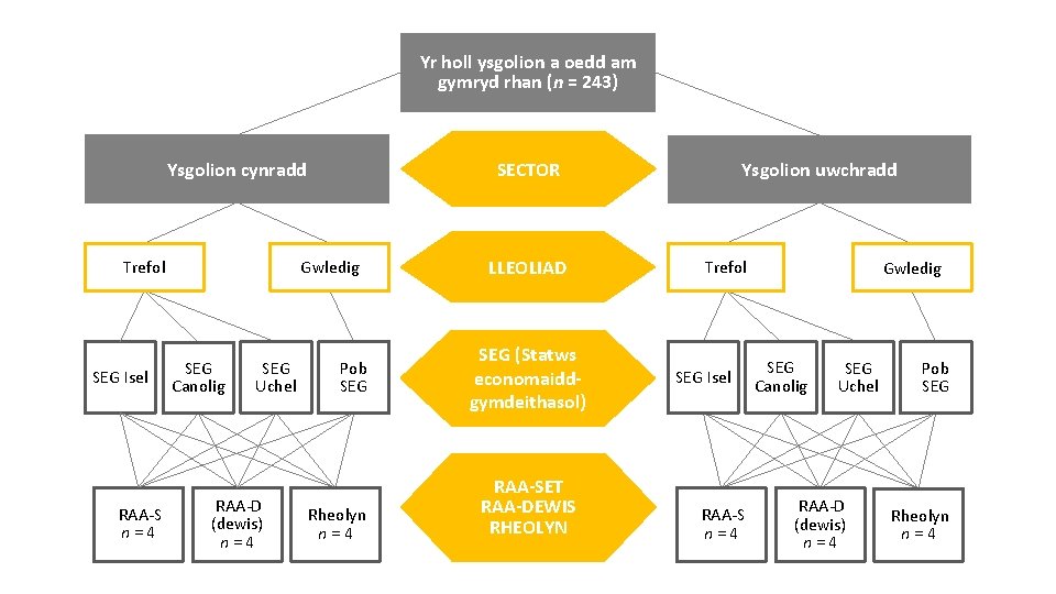 Yr holl ysgolion a oedd am gymryd rhan (n = 243) SECTOR Ysgolion cynradd