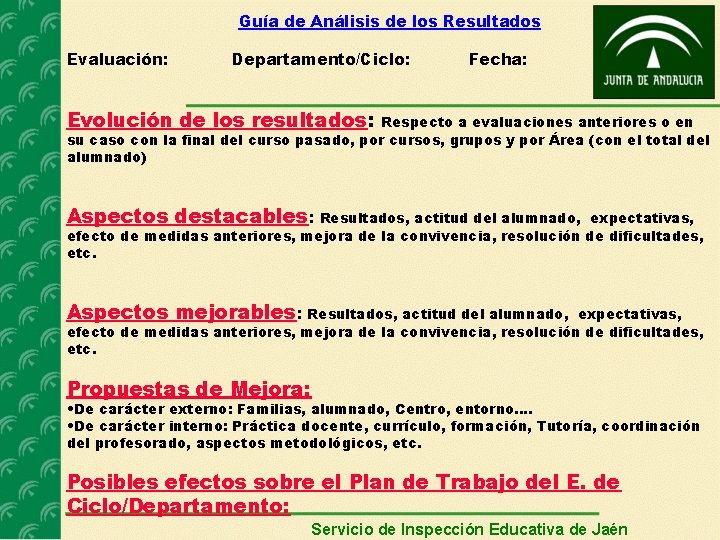 Guía de Análisis de los Resultados Evaluación: Departamento/Ciclo: Fecha: Evolución de los resultados: Respecto