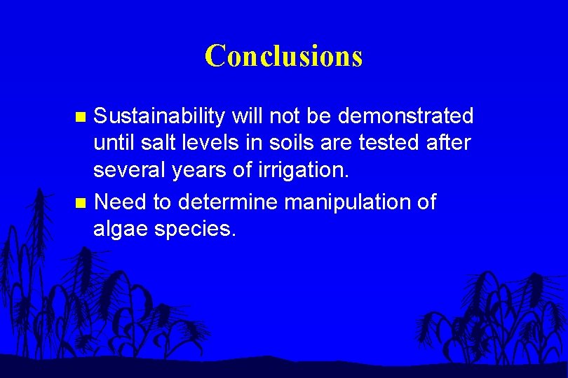 Conclusions Sustainability will not be demonstrated until salt levels in soils are tested after