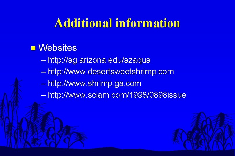 Additional information n Websites – http: //ag. arizona. edu/azaqua – http: //www. desertsweetshrimp. com