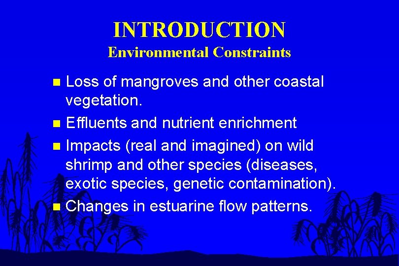INTRODUCTION Environmental Constraints Loss of mangroves and other coastal vegetation. n Effluents and nutrient