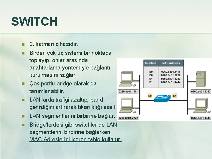 SWITCH n 2. katman cihazıdır. n Birden çok uç sistemi bir noktada toplayıp, onlar