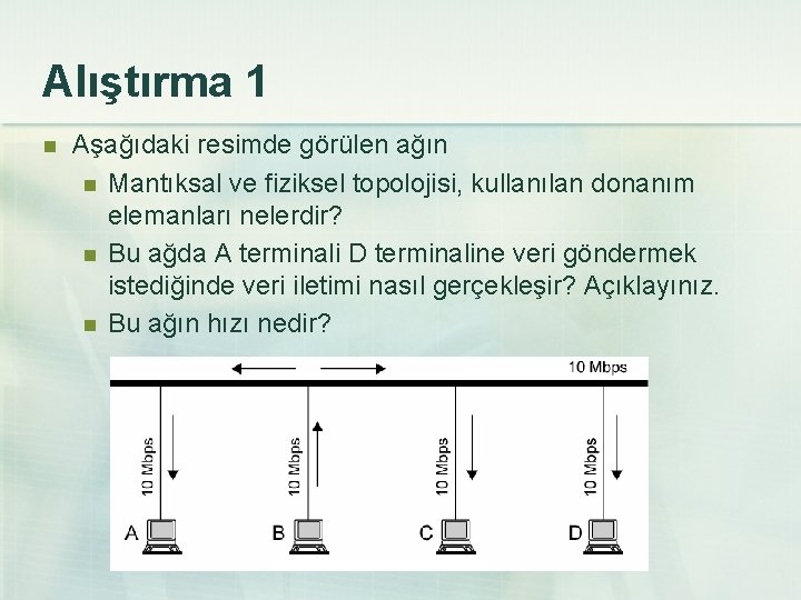 Alıştırma 1 n Aşağıdaki resimde görülen ağın n Mantıksal ve fiziksel topolojisi, kullanılan donanım