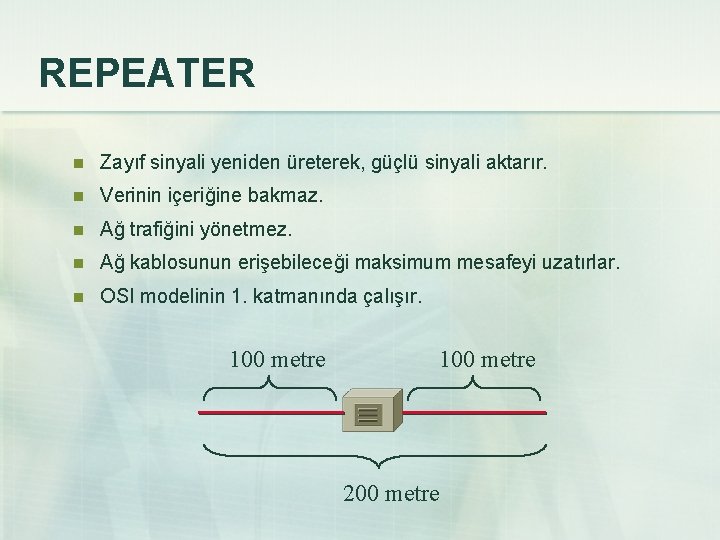 REPEATER n Zayıf sinyali yeniden üreterek, güçlü sinyali aktarır. n Verinin içeriğine bakmaz. n