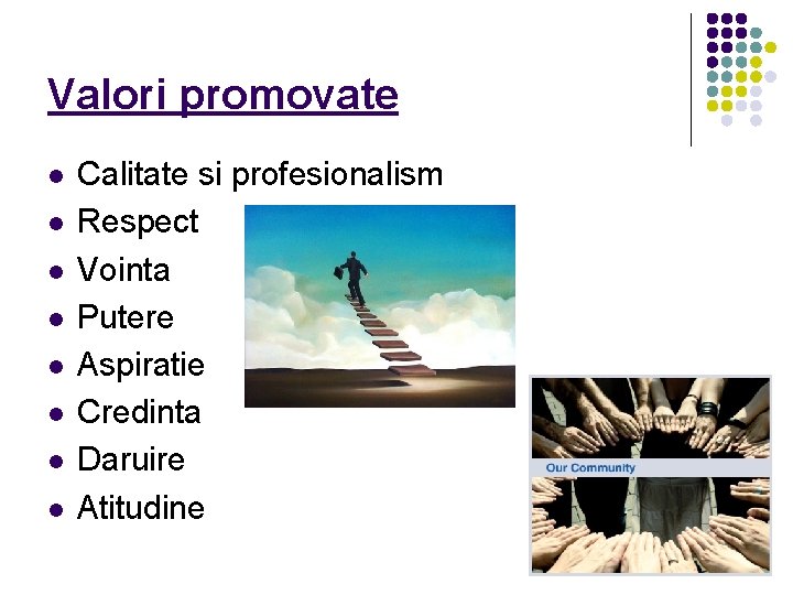 Valori promovate l l l l Calitate si profesionalism Respect Vointa Putere Aspiratie Credinta