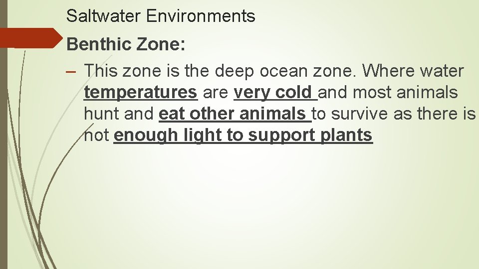 Saltwater Environments Benthic Zone: – This zone is the deep ocean zone. Where water