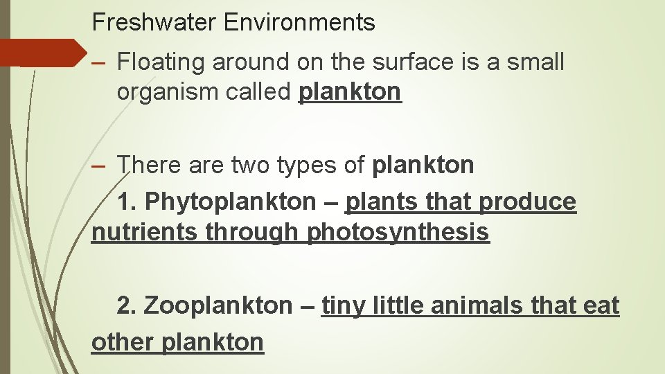 Freshwater Environments – Floating around on the surface is a small organism called plankton