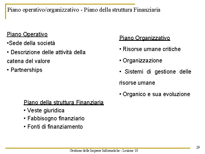 Piano operativo/organizzativo - Piano della struttura Finanziaria Piano Operativo Piano Organizzativo • Sede della