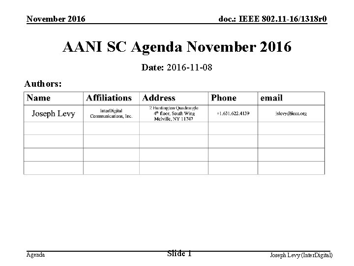 November 2016 doc. : IEEE 802. 11 -16/1318 r 0 AANI SC Agenda November