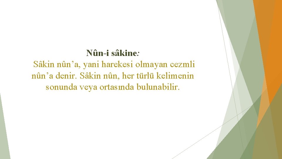 Nûn-i sâkine: Sâkin nûn’a, yani harekesi olmayan cezmli nûn’a denir. Sâkin nûn, her türlü