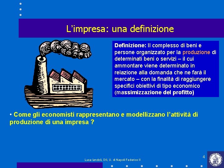L’impresa: una definizione Definizione: Il complesso di beni e persone organizzato per la produzione L’impresa: una definizione Definizione: Il complesso di beni e persone organizzato per la produzione
