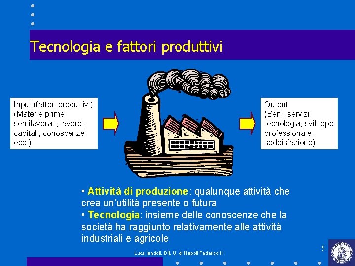 Tecnologia e fattori produttivi Input (fattori produttivi) (Materie prime, semilavorati, lavoro, capitali, conoscenze, ecc. Tecnologia e fattori produttivi Input (fattori produttivi) (Materie prime, semilavorati, lavoro, capitali, conoscenze, ecc.