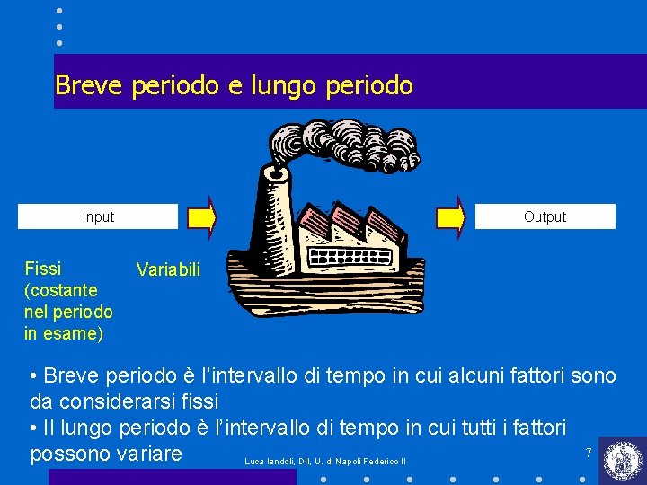 Breve periodo e lungo periodo Input Fissi (costante nel periodo in esame) Output Variabili Breve periodo e lungo periodo Input Fissi (costante nel periodo in esame) Output Variabili