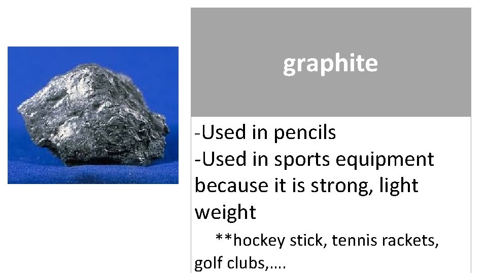 graphite -Used in pencils -Used in sports equipment because it is strong, light weight