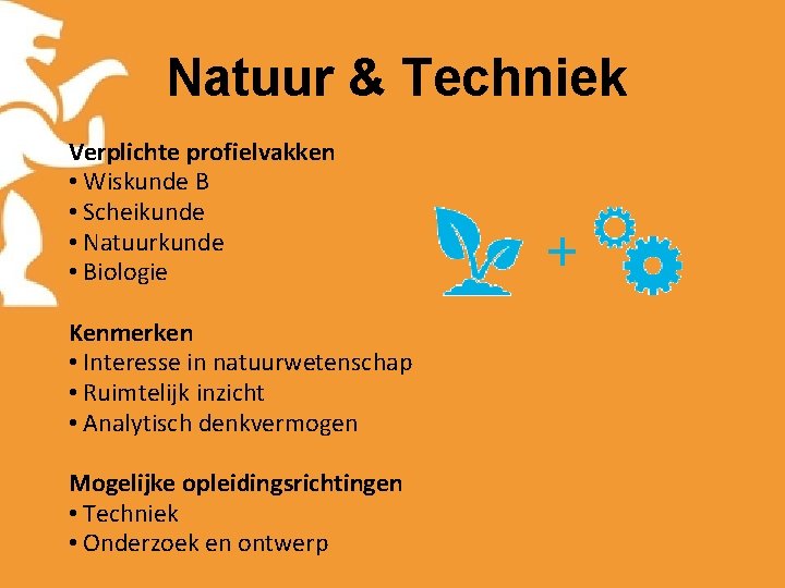 Natuur & Techniek Verplichte profielvakken • Wiskunde B • Scheikunde • Natuurkunde • Biologie