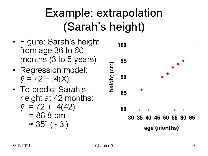 Example: extrapolation (Sarah’s height) • Figure: Sarah’s height from age 36 to 60 months