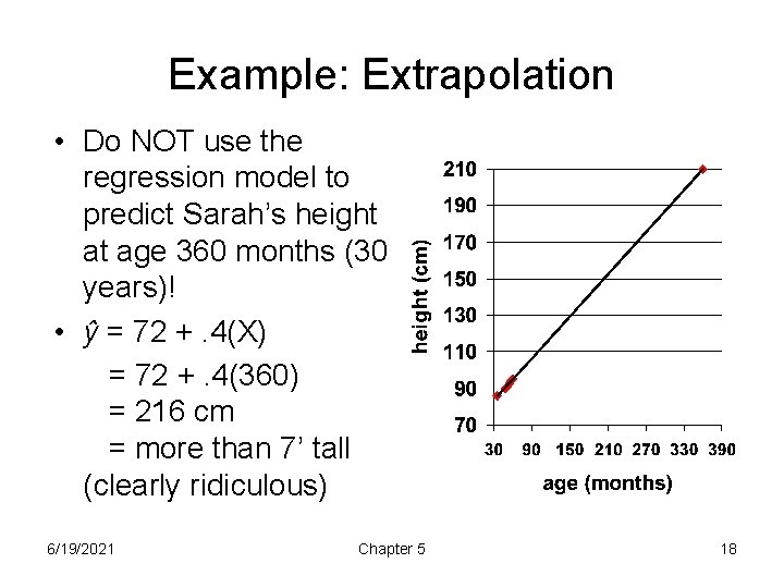 Example: Extrapolation • Do NOT use the regression model to predict Sarah’s height at