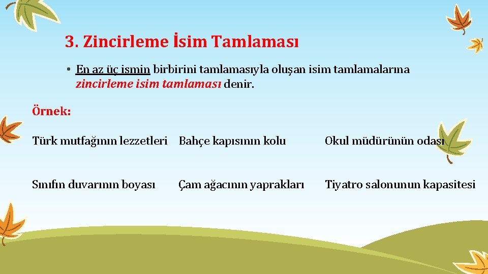 3. Zincirleme İsim Tamlaması • En az üç ismin birbirini tamlamasıyla oluşan isim tamlamalarına