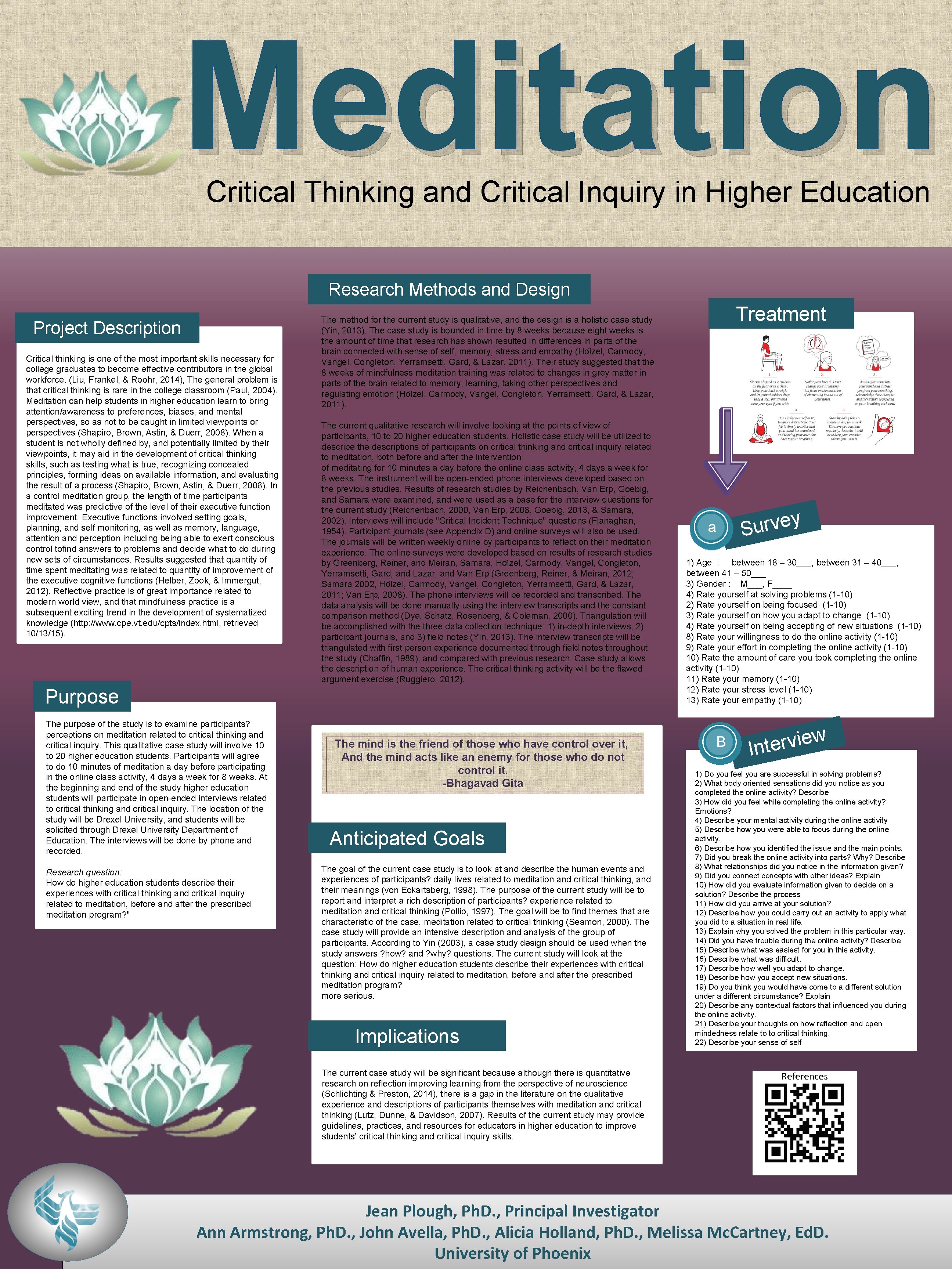 Meditation Critical Thinking and Critical Inquiry in Higher Education Research Methods and Design Project