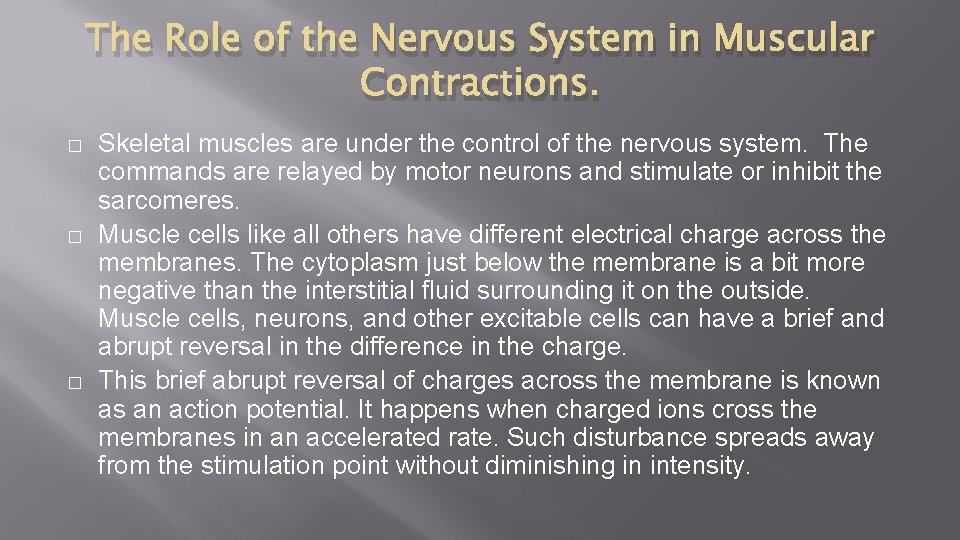 The Role of the Nervous System in Muscular Contractions. � � � Skeletal muscles