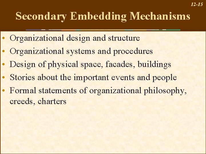 12 -15 Secondary Embedding Mechanisms • • • Organizational design and structure Organizational systems