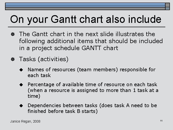 On your Gantt chart also include ] The Gantt chart in the next slide