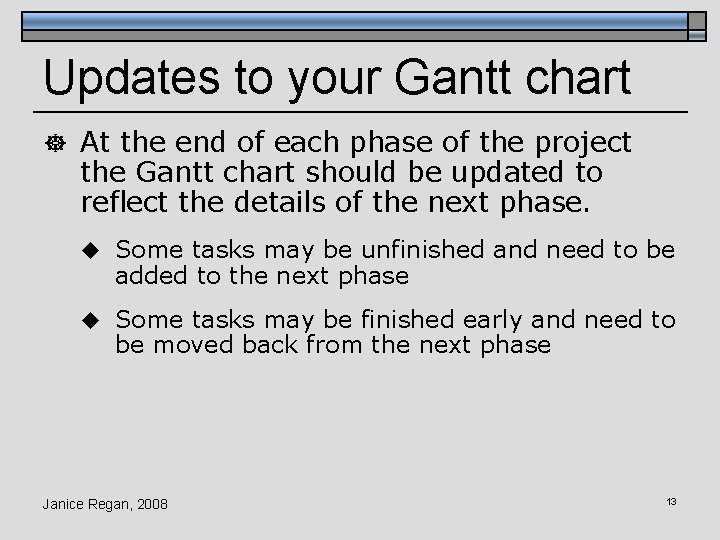Updates to your Gantt chart ] At the end of each phase of the