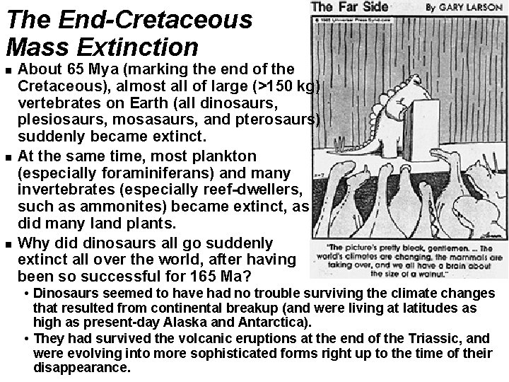 The End-Cretaceous Mass Extinction About 65 Mya (marking the end of the Cretaceous), almost