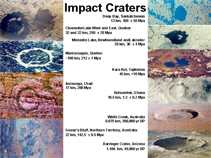 Impact Craters Deep Bay, Saskatchewan 13 km, 100 ± 50 Mya Clearwater. Lake West
