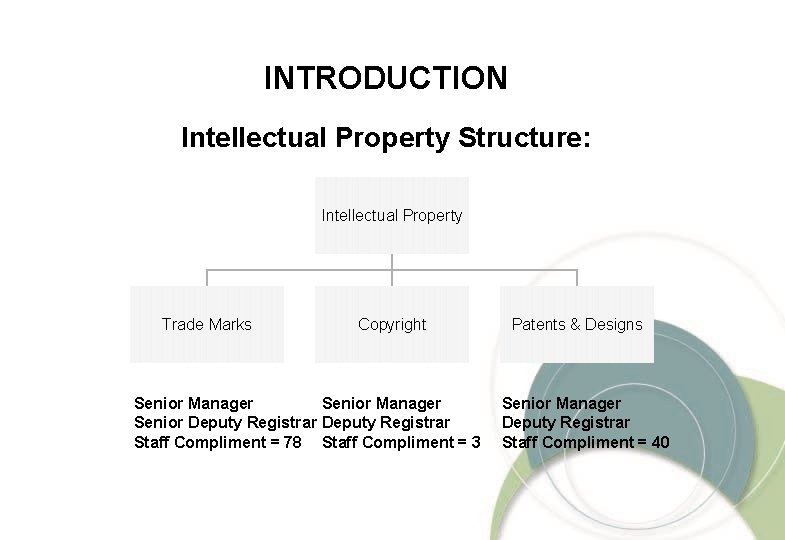 INTRODUCTION Intellectual Property Structure: Intellectual Property Trade Marks Copyright Senior Manager Senior Deputy Registrar