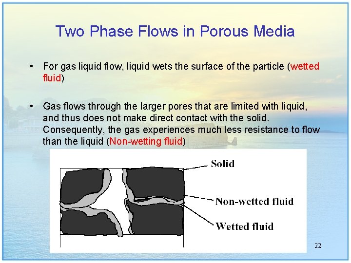 Two Phase Flows in Porous Media • For gas liquid flow, liquid wets the