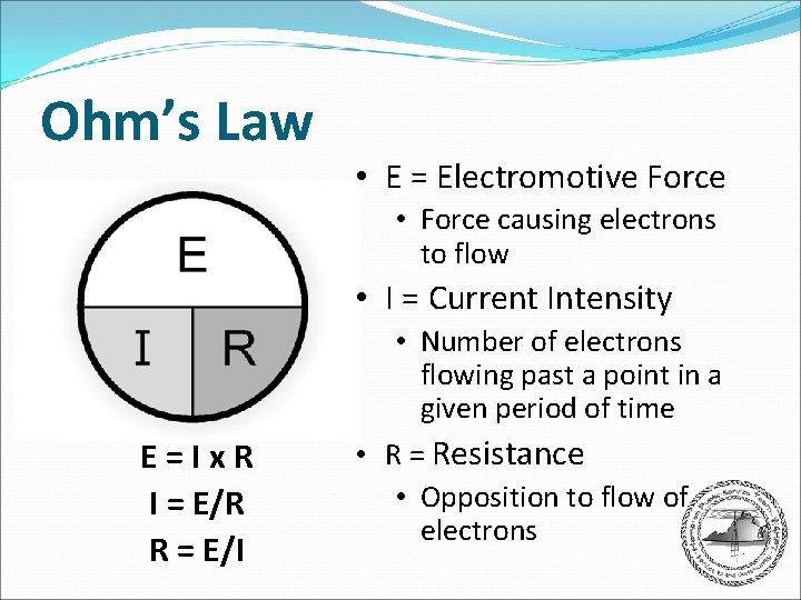 Ohm’s Law • E = Electromotive Force • Force causing electrons to flow •