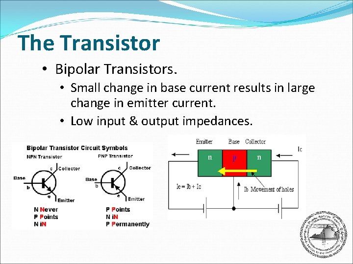 The Transistor • Bipolar Transistors. • Small change in base current results in large