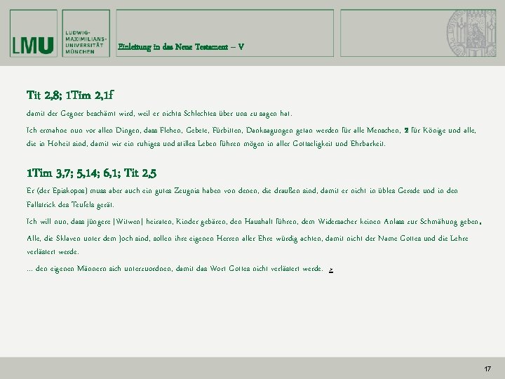 Einleitung in das Neue Testament – V Tit 2, 8; 1 Tim 2, 1