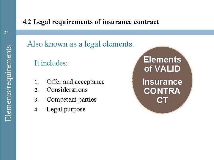 4. 2 Legal requirements of insurance contract Elements/requirements 27 Also known as a legal