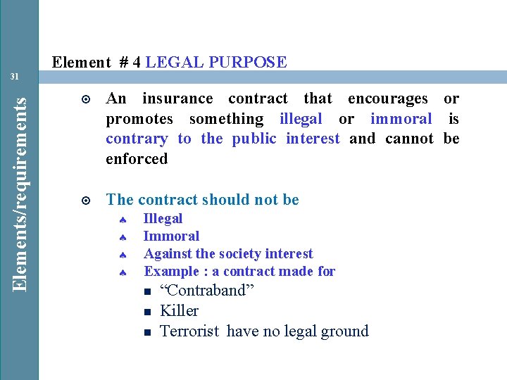 Element # 4 LEGAL PURPOSE Elements/requirements 31 An insurance contract that encourages or promotes