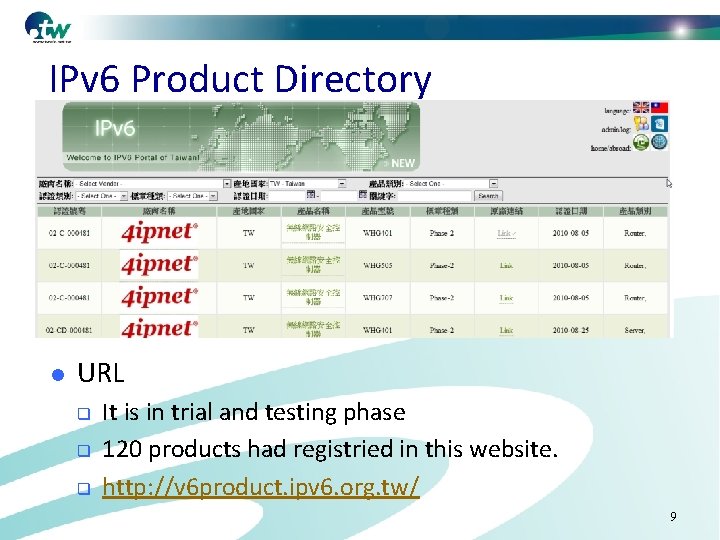 IPv 6 Product Directory l URL q q q It is in trial and