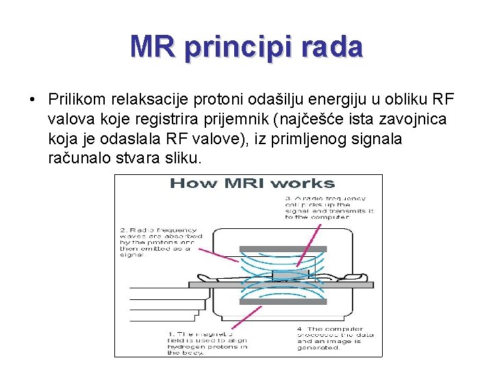 MR principi rada • Prilikom relaksacije protoni odašilju energiju u obliku RF valova koje