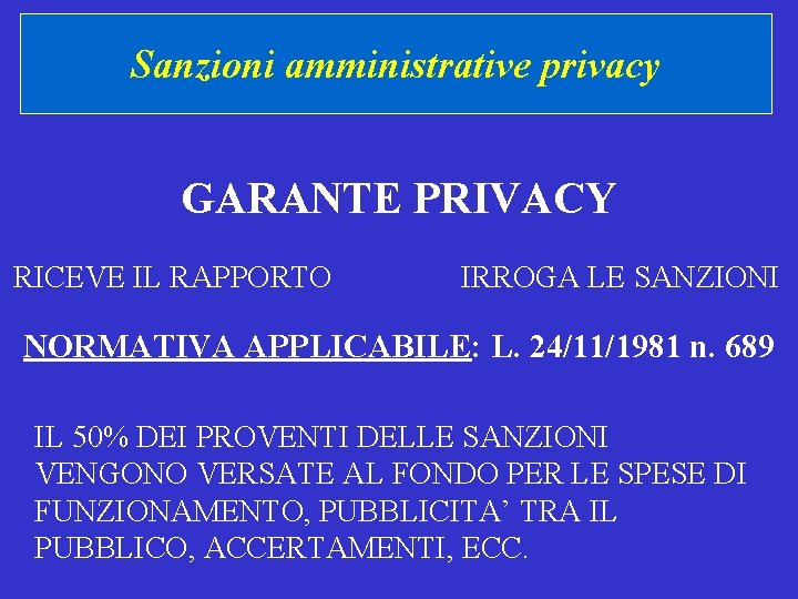 Sanzioni amministrative privacy GARANTE PRIVACY RICEVE IL RAPPORTO IRROGA LE SANZIONI NORMATIVA APPLICABILE: L.