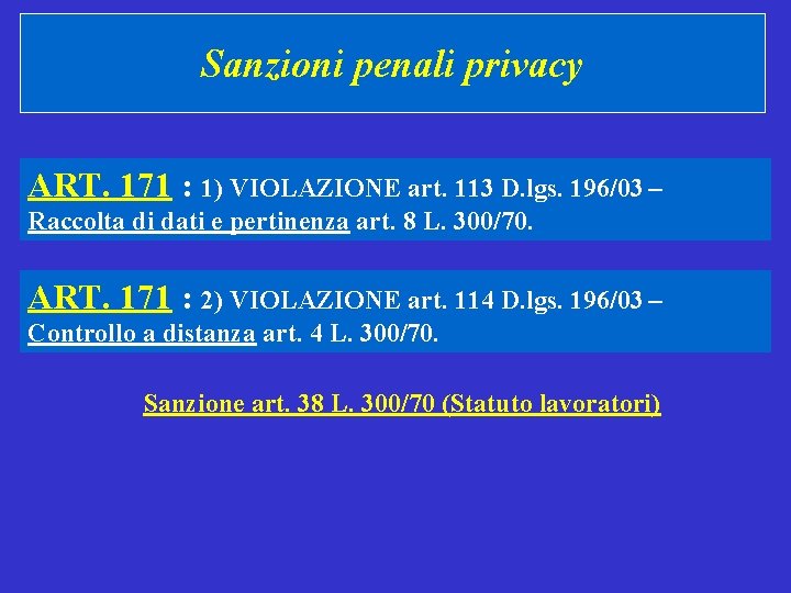 Sanzioni penali privacy ART. 171 : 1) VIOLAZIONE art. 113 D. lgs. 196/03 –