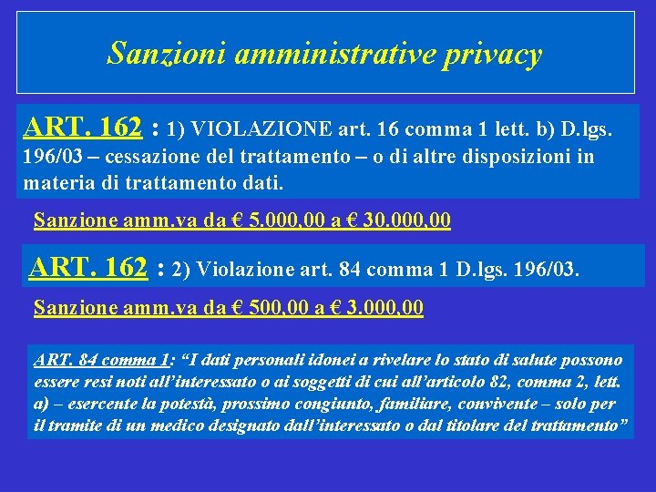 Sanzioni amministrative privacy ART. 162 : 1) VIOLAZIONE art. 16 comma 1 lett. b)