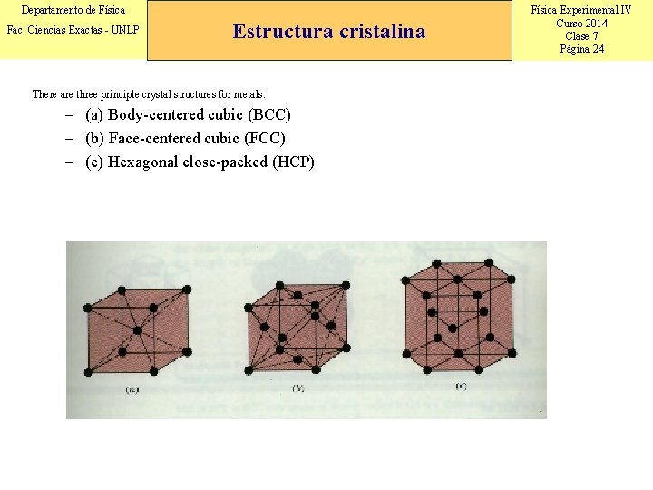 Departamento de Física Fac. Ciencias Exactas - UNLP Estructura cristalina There are three principle